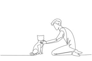 soltero continuo línea dibujo de joven energético hombre arrodillado mientras acariciando su amado gato. conmovedor el cuello. animal amante. cuidando para pequeño gatos con placer. uno línea diseño ilustración vector