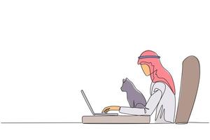 Single continuous line drawing of young Arabian man sitting in a gaming chair playing a game on a laptop. Putting the beloved cat on the laptop while stroking it. One line design illustration vector