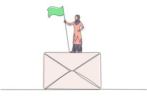 Continuous one line drawing of Arabian businesswoman standing on giant email icon holding flag. Received a cooperation offer email that is very profitable for the company. Single line draw vector