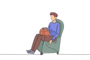 Single continuous line drawing of young man sitting on the couch hugging a cat on his lap. Young man stroking cute little cat to sleep. Friendly with cats. One line design illustration vector