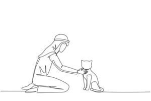 Continuous one line drawing of young energetic Arabian man hugging little cat. While kneeling, he put his cute cat on the floor while feeding. Animal lover. Single line draw design illustration vector