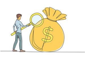 Single continuous line drawing businessman stood checking out giant money bag with magnifier. A person's success depends on the number of money bags collected. One line design illustration vector