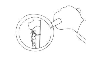 Continuous one line drawing of big hand holding the magnifier by highlighting the businesswoman who is standing holding the flag. Symbol of the glory of businesswoman. Single line draw design vector