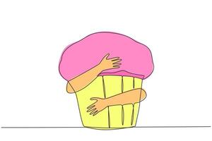 Continuous one line drawing human hands hugging huge muffin. Small circular buns with a sweet taste. Delicious when served warm as a friend to drink tea. Single line draw design illustration vector