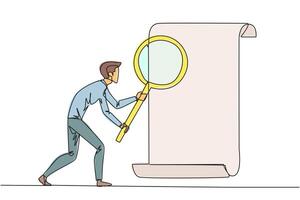 Single continuous line drawing businessman stood holding a magnifier highlighted a rolled paper. Evaluates product compliance in accordance with company's business standards. One line design vector