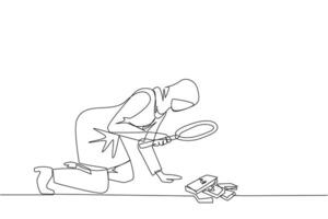 Single one line drawing Arabian businesswoman looked down examining piles of banknotes with magnifiers. Businesswoman who know the rules, don't take what doesn't belong. Continuous line design graphic vector