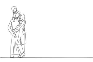 Single one line drawing of young beauty Arabian woman hug her handsome husband who is holding their pretty daughter on shoulders hug. Love. Happy Arabian family concept. Continuous line design graphic vector