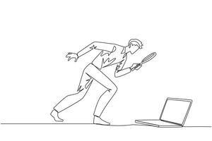 Single one line drawing businessman holding magnifying glass looking at laptop computer. Confused a programmer facing the bugs in the application he made. Continuous line design graphic illustration vector