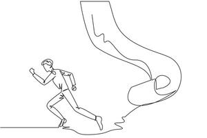 Continuous one line drawing of businessman running chased by pendulum paper rolls bills. Trying to run away from responsibility to pay off all the bills. Single line draw design illustration vector