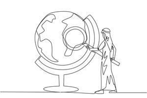 Single continuous line drawing of Arabian businessman stood holding magnifier and inspected the globe. Map out good territory to create and develop new ventures. One line design illustration vector