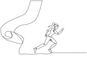 Single continuous line drawing of businesswoman running chased by pendulum paper rolls bills. Trying to run away from responsibility to pay off all the bills. One line design illustration vector