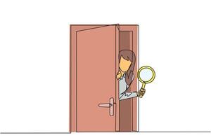 Single one line drawing businesswoman came out from behind the door holding a magnifier. Invite business partners to join so that the business is stronger. Continuous line design graphic illustration vector