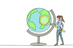 Single one line drawing of businesswoman stood holding the magnifier and inspected the globe. Map out good territory to create and develop new ventures. Continuous line design graphic illustration vector