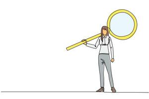 Single one line drawing of energetic young businesswoman stood up carrying a huge magnifier on her shoulders. The concept of seeking success elsewhere. Continuous line design graphic illustration vector