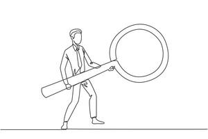 Continuous one line drawing businessman standing holding a giant magnifier. Resembling a guitar player, he searches, analyzes, finds all the necessary data. Single line draw design illustration vector