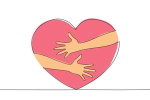 Single one line drawing of hands hugging big red heart. Hands holding heart. Symbol of charity. Generosity illustration. Care for others. Sharing concept. Continuous line design graphic illustration vector