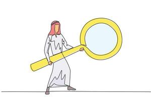 Single continuous line drawing Arab businessman standing holding a giant magnifier. Resembling a guitar player, he searches, analyzes, finds all the necessary data. One line design illustration vector