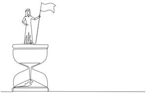 Single one line drawing of Arabian businessman standing on giant hourglass holding flag. Business strategy related on time management. Businessman who can manage times well. Continuous line design vector