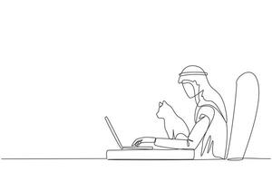 Single continuous line drawing of young Arabian man sitting in a gaming chair playing a game on a laptop. Putting the beloved cat on the laptop while stroking it. One line design illustration vector