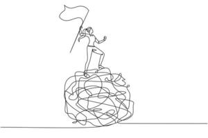 Single continuous line drawing of young businesswoman standing on giant tangled circle. Raising flag on her hand. Businesswoman who manage to get out of anxiety of mind. One line design illustration vector