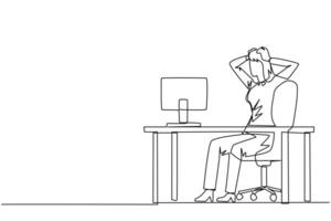 Single continuous line drawing of stressful businesswoman sitting in work chair is holding her head with both hands. In front of monitor face the reality of many unpaid bills. One line design vector