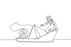 Single continuous line drawing of Arabian businessman boarded a paper boat loaded with rolls of paper bills and almost drowned. Spending more than income. Large pegs than poles. One line design vector