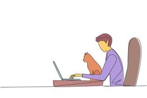 Continuous one line drawing of young energetic man sitting while typing on laptop computer. Hugging a cat while doing homework. Happy man stroking cat. Single line draw design illustration vector