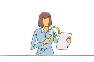 Single one line drawing of businesswoman holds a piece of paper and checks it with a magnifier. Businesswoman work with research analytics and statistic. Continuous line design graphic illustration vector