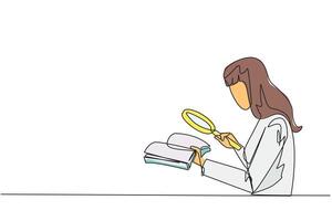 Continuous one line drawing businesswoman holds the book and examines it with the magnifier. Businesswoman re-reads scientific studies so that his business avoids bankruptcy. Single line draw vector