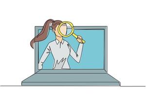 Continuous one line drawing of businesswoman came out of the laptop screen holding the magnifier. Finding online networking to sustain his business. Relationship. Single line draw illustration vector