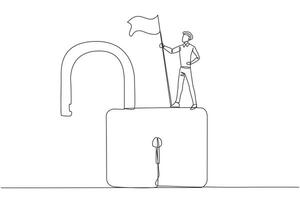 Single continuous line drawing young businessman standing on giant open padlock holding flag. Successful businessman find loopholes in a web to hack it. Vulnerable security. One line design vector