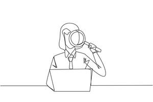 Single continuous line drawing of businesswoman is typing in front of a laptop computer holding a magnifier. Modern business at this time can be done anytime and anywhere. One line illustration vector