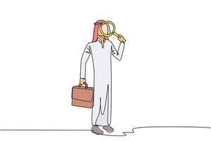 Single continuous line drawing Arab businessman stood holding a magnifier and the other holding a briefcase. Look for smallest possible opportunities for profit that can be exploited. One line vector