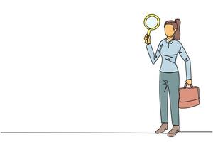 Single continuous line drawing businesswoman holds the magnifier in right hand while in left hand holds a briefcase. Businesswoman who offer cooperation proposals. One line design illustration vector