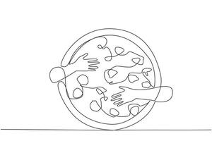 Continuous one line drawing of hands hugging pizza. Culinary from Italy which is now known throughout the world. Typical food in the form of circular flatbread. Single line design illustration vector