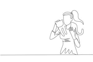 Single one line drawing of young beautiful woman hugging and carrying a cat on her shoulders. Walk and play around with your beloved cat. Pets will be more docile. Continuous line graphic illustration vector