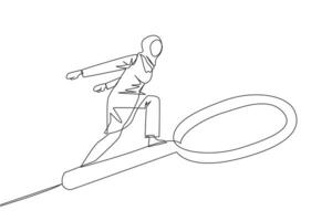 Single continuous line drawing Arabian businesswoman rides a big magnifier like she's skateboarding. Someone is trying to find the right information among big data. One line design illustration vector