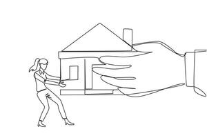 Continuous one line drawing businesswoman pulling miniature house which is also pulled by big hand. Failed to pay the mortgage so that it can be withdrawn by bank. Single line draw illustration vector