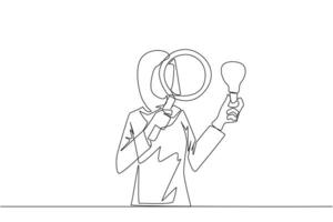 Single one line drawing Arabian businesswoman inspects lightbulb she holds with a magnifier. Analyze existing ideas and select them for new business needs. Continuous line design graphic illustration vector