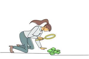 Single one line drawing of businesswoman looked down examining piles of banknotes with magnifiers. Businesswoman who know the rules, don't take what doesn't belong. Continuous line design illustration vector