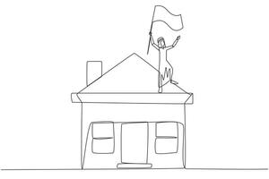 Single continuous line drawing of Arabian businessman standing on miniature house raising flag. Entrepreneurs who are successful in home property deserve an award for business. One line design vector