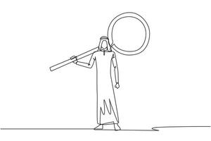 Single continuous line drawing of energetic young Arabian businessman stood up carrying a huge magnifier on his shoulders. The concept of seeking success elsewhere. One line design illustration vector
