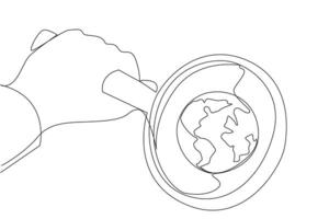 Continuous one line drawing of big hand holding magnifying glass highlights the globe. Map a path to grow the business. Look carefully not to be fooled. Single line draw design illustration vector