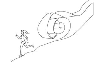 Single continuous line drawing of young businesswoman runs down hill while being chased by rolls of paper bills. Chased by ever-growing bills. Business failure. One line design illustration vector