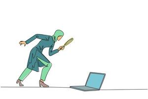 Single continuous line drawing of Arabian businesswoman holding magnifying glass looking at laptop computer. Confused a programmer facing the bugs in the application she made. One line design vector