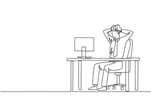 Single one line drawing of stressful businessman sitting in work chair is holding his head with both hands. In front of monitor face the reality of many unpaid bills. Continuous line design graphic vector