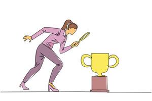 Single continuous line drawing of businesswoman holding magnifying glass looking at trophy. Long journey of running a business pays off by finding trophy as reward. One line design illustration vector