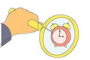 Single one line drawing big hand holding magnifying glass highlights the alarm clock. Tool for reminders. Balance between business time and life. Time management. Continuous line graphic illustration vector