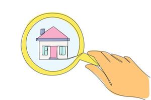 Continuous one line drawing big hand holding magnifying glass highlights the miniature house. Targeting a luxury house to be used as a self reward. Victory. Single line draw design illustration vector