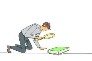 Continuous one line drawing businessman holding magnifying glass looking at book. Looking for knowledge about franchising from a scientific study book. Single line draw design illustration vector